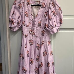 RHODE Lavender Floral Tie-Front Puff Sleeve Mini Dress